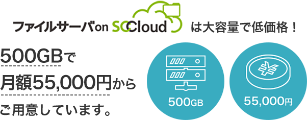 ファイルサーバー on SCCloud は大容量で低価格！500GBで月額55,000円からご用意しています。